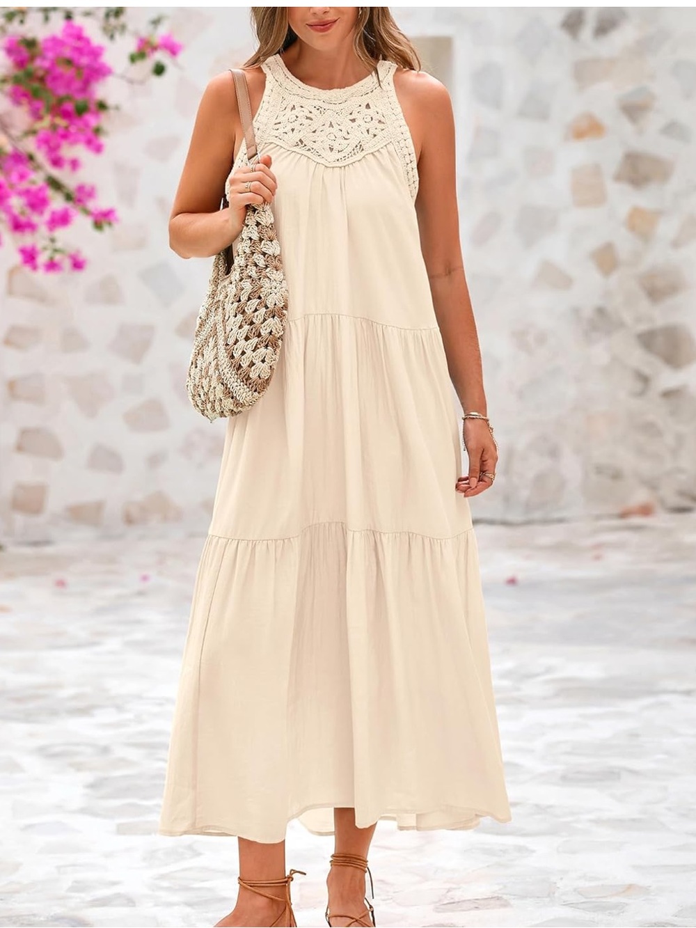 Sleeveless Crochet Yoke Asymmetrical Dress in Cream
